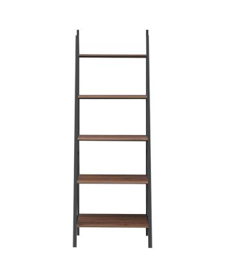 5 Tier Leaning Bookshelf Wood Metal Bookcase