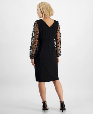 Petite Sheer-Sleeve Appliqué Sheath Dress