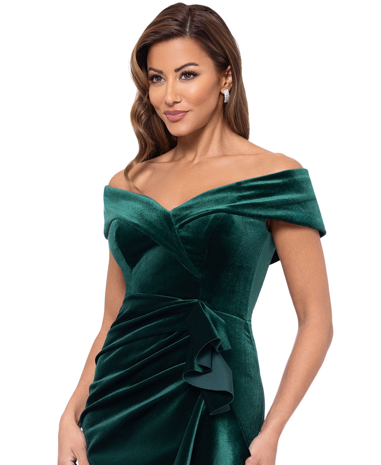 Petite Ruffled Off-The-Shoulder Velvet Gown
