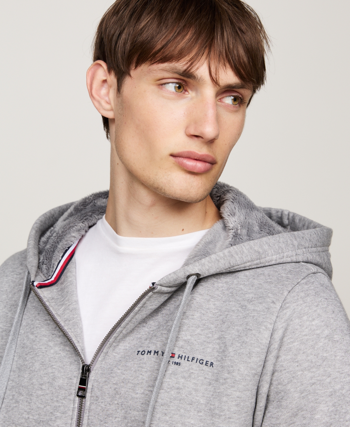 TOMMY HILFIGER MEN'S LOGO FUR-LINED ZIP-UP HOODIE 