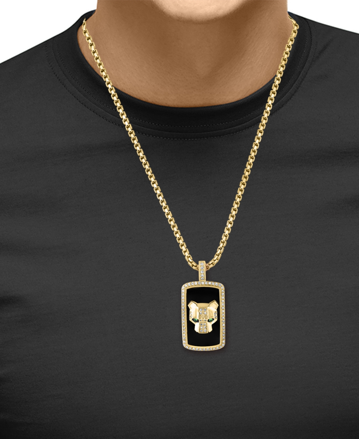 Effy Collection Effy Men's Onyx, Diamond (1/5 Ct. T.w.), & Tsavorite Accent Panther Head Dog Tag 22" Pendant Necklac In Yellow Gol