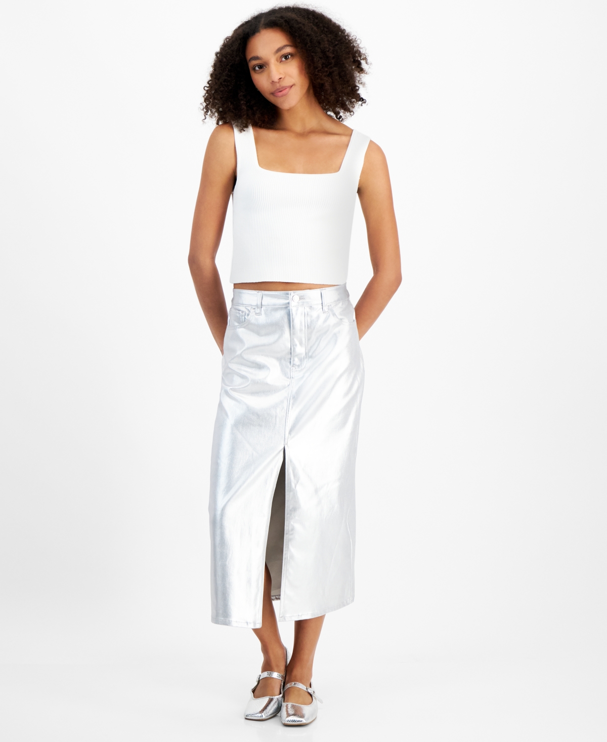 Juniors' Metallic Midi Skirt - Silver