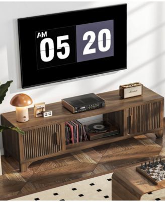 Mid-Century TV Stand for 32–65" TVs with Fluted Doors & Cable Management