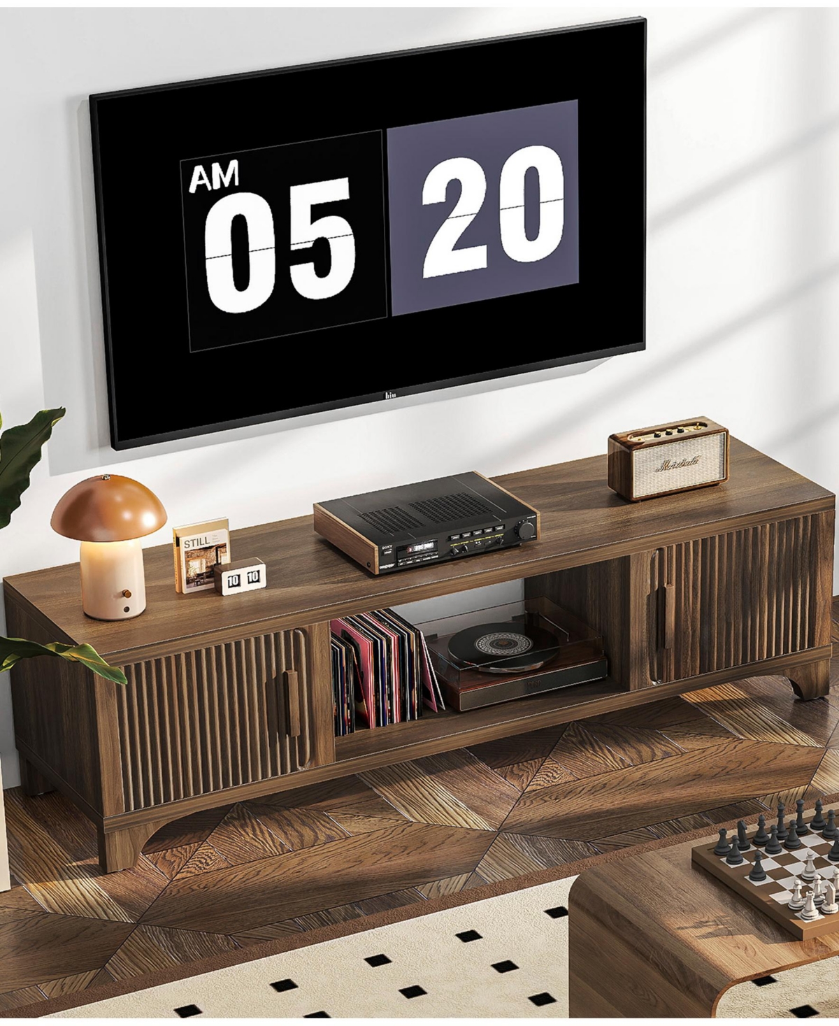 Sugift Mid-Century Tv Stand for 32–65" TVs with Fluted Doors & Cable Management