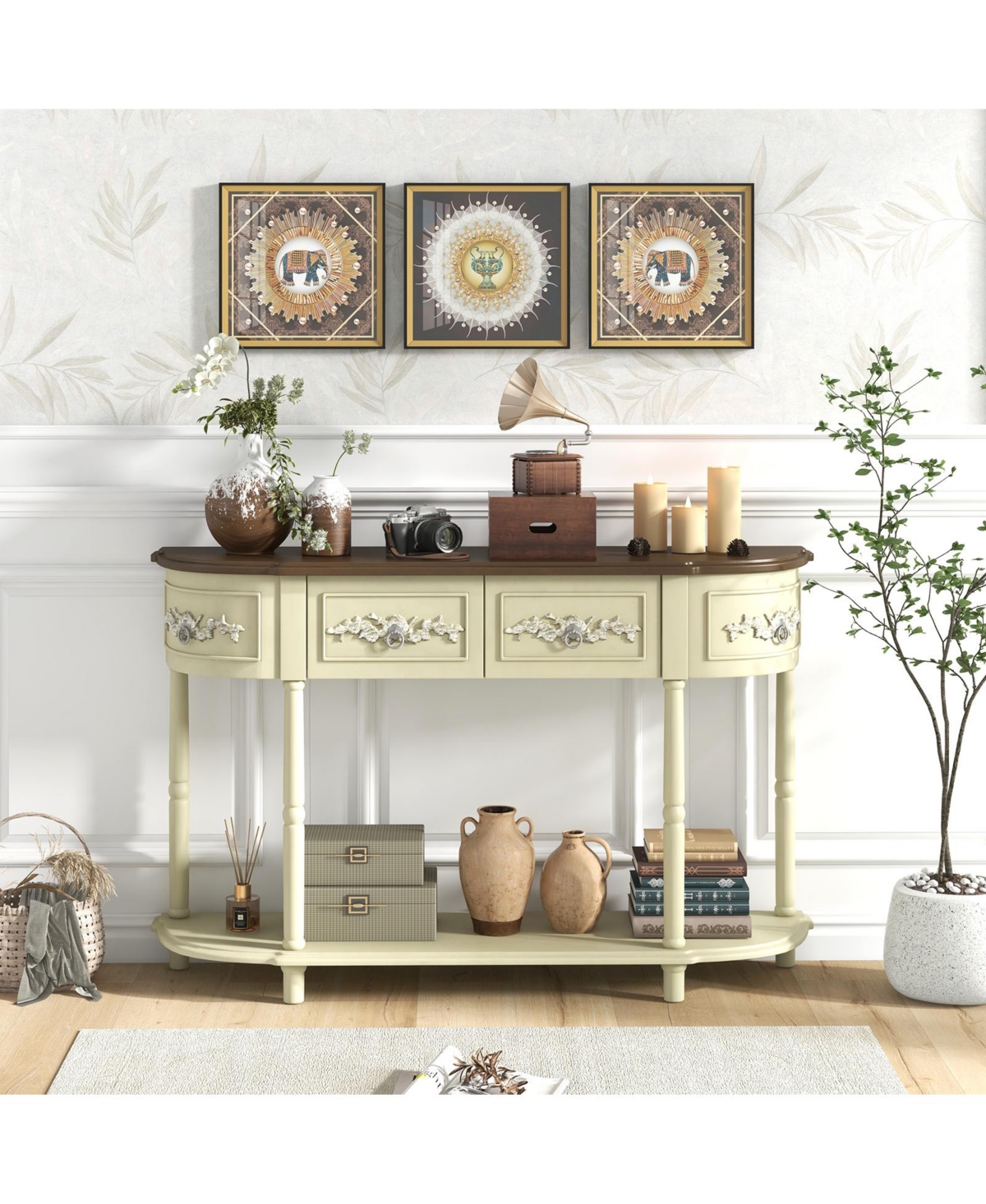 Sugift Retro Curved Console Table with Drawers and Solid Wood Legs- Beige