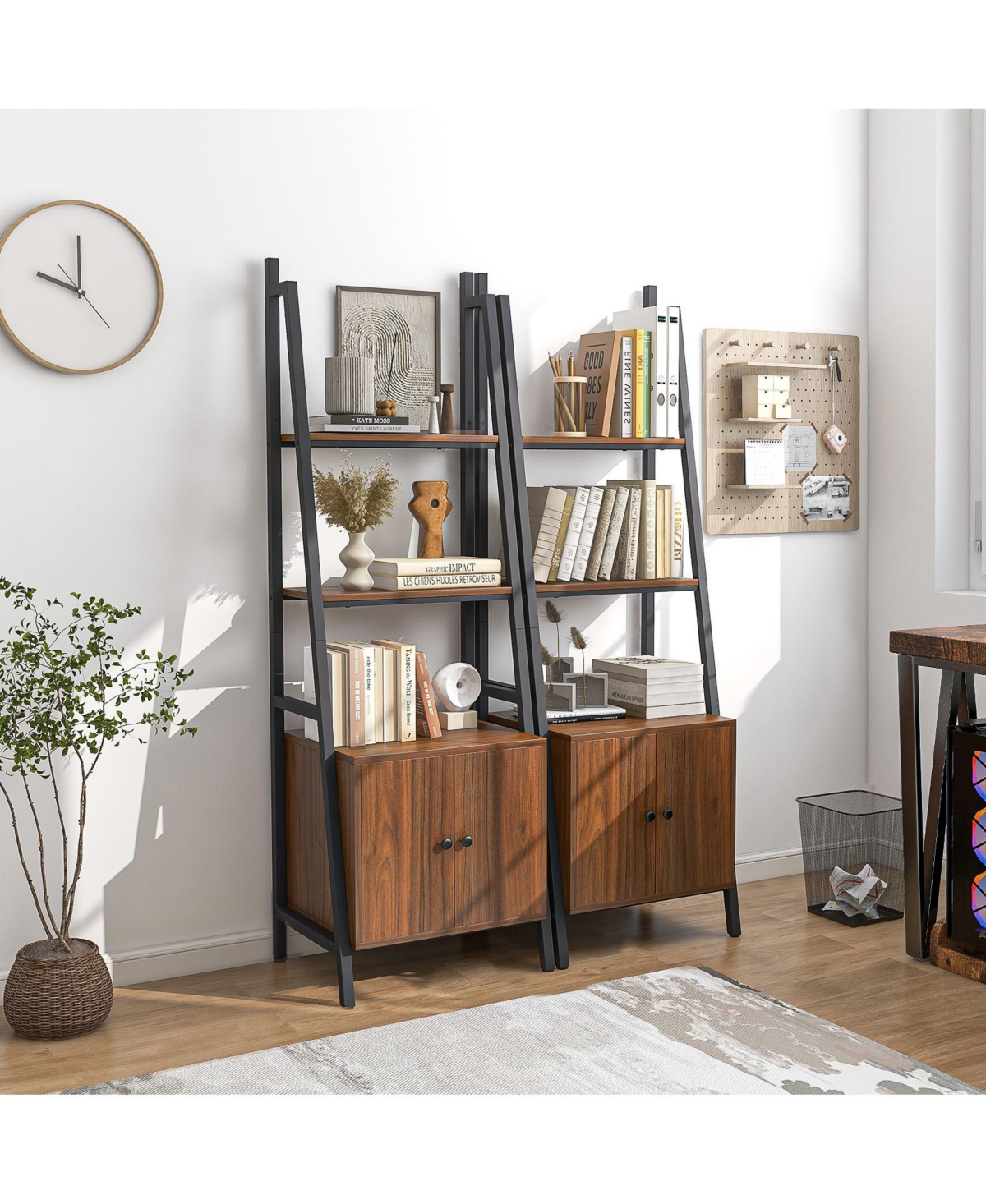 Sugift 4-Tier Ladder Shelf with Cabinet and Metal Frame-Rustic- Brown