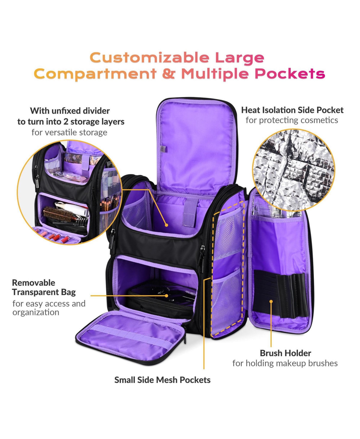Byootique Rolling Makeup Train Case & Backpack Kit w/ 7 Toiletry Bags Artist