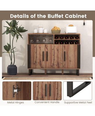 Home Wine Bar Cabinet w/ 3 Doors & Adjustable Shelves 2-tier Wine Rack Sideboard