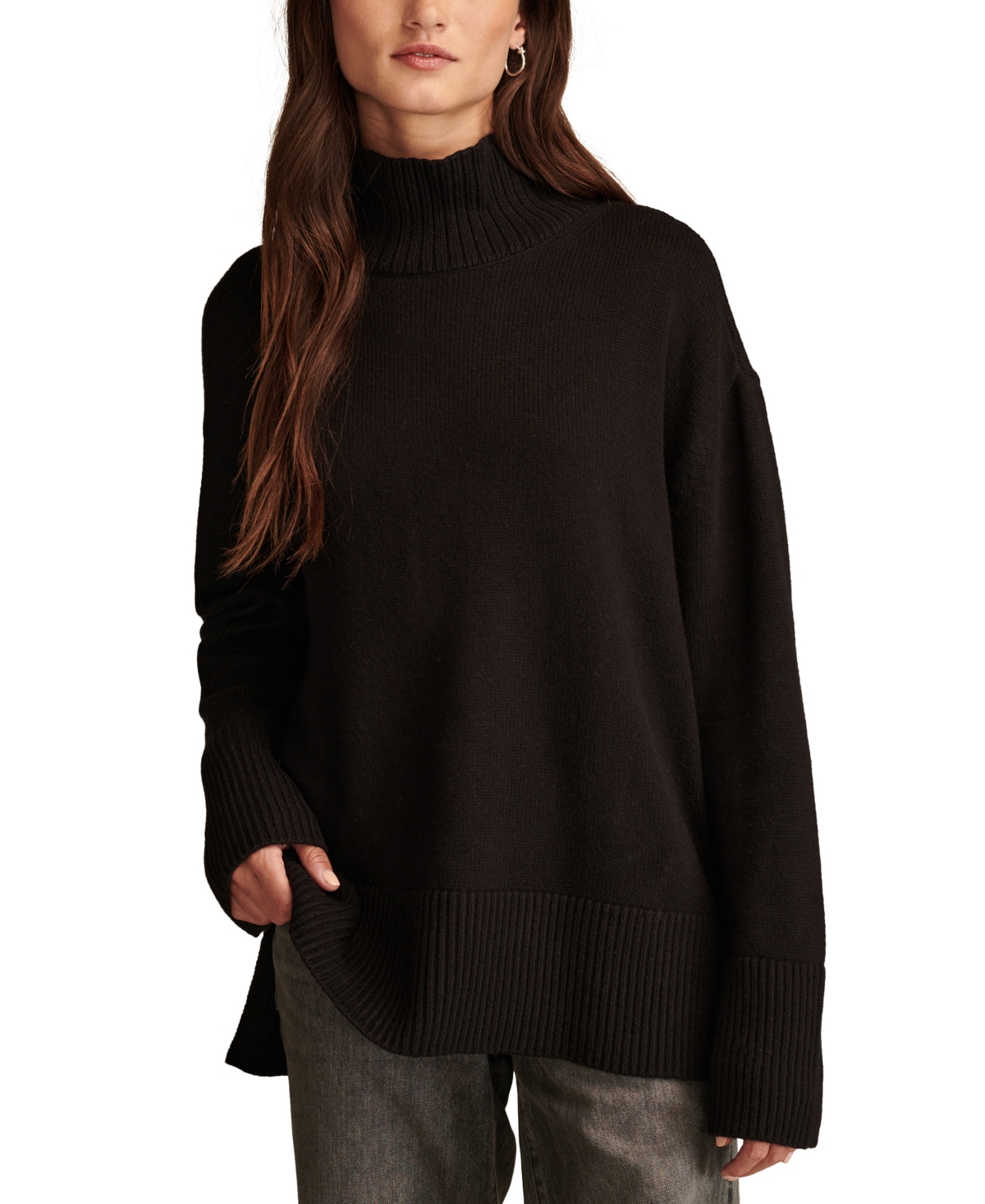 Lucky Brand Cotton Blend Turtleneck Sweater In Dark Black