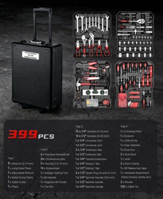 399-Piece Rolling Tool Set, Home Repair Tools with 4 Drawers, Wheels, and Aluminum Case