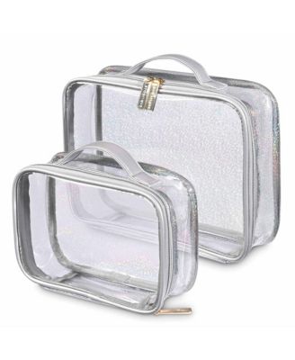 Set of 2 Clear Makeup Bag Cosmetic Organizer Travel Toiletry Pouch Handle Zipper for Makeup Artist Pink