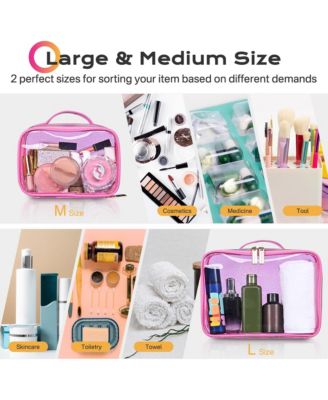 Set of 2 Clear Makeup Bag Cosmetic Organizer Travel Toiletry Pouch Handle Zipper for Makeup Artist Pink