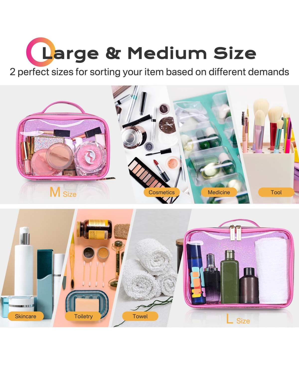 Byootique Set of 2 Clear Makeup Bag Cosmetic Organizer Travel Toiletry Pouch Handle Zipper for Makeup Artist Pink
