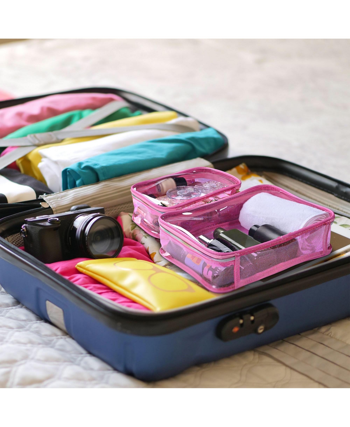 Byootique Set of 2 Clear Makeup Bag Cosmetic Organizer Travel Toiletry Pouch Handle Zipper for Makeup Artist Pink