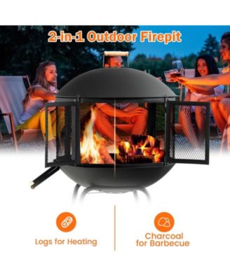 28 Inch Portable Fire Pit on Wheels with Log Grate-Black