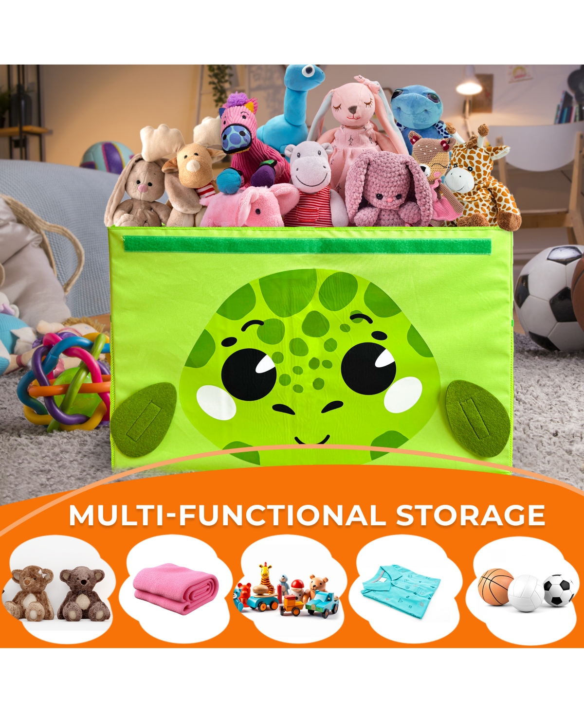 QuokkaToy Chest Collapsible Organizer for Kids with Handles & Flip-Top Lids - Turtle