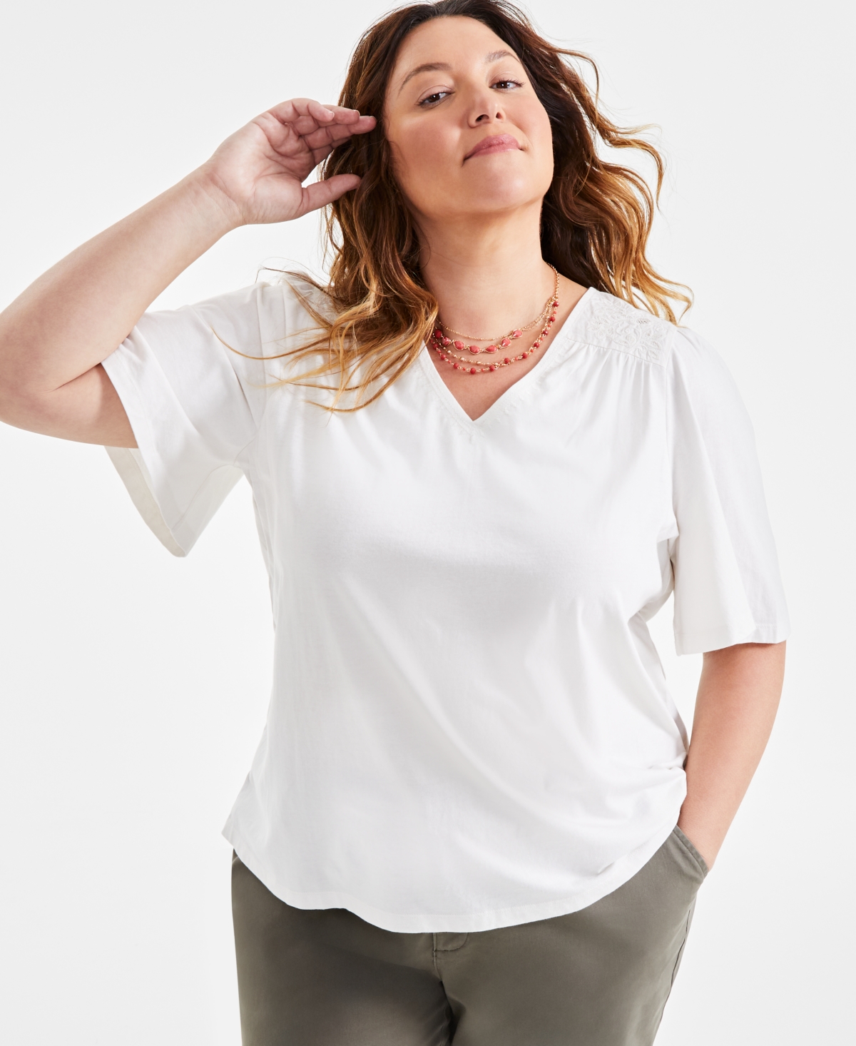 Style & Co Plus Size Lace-Trim Flutter-Sleeve Top, Created for Macy's