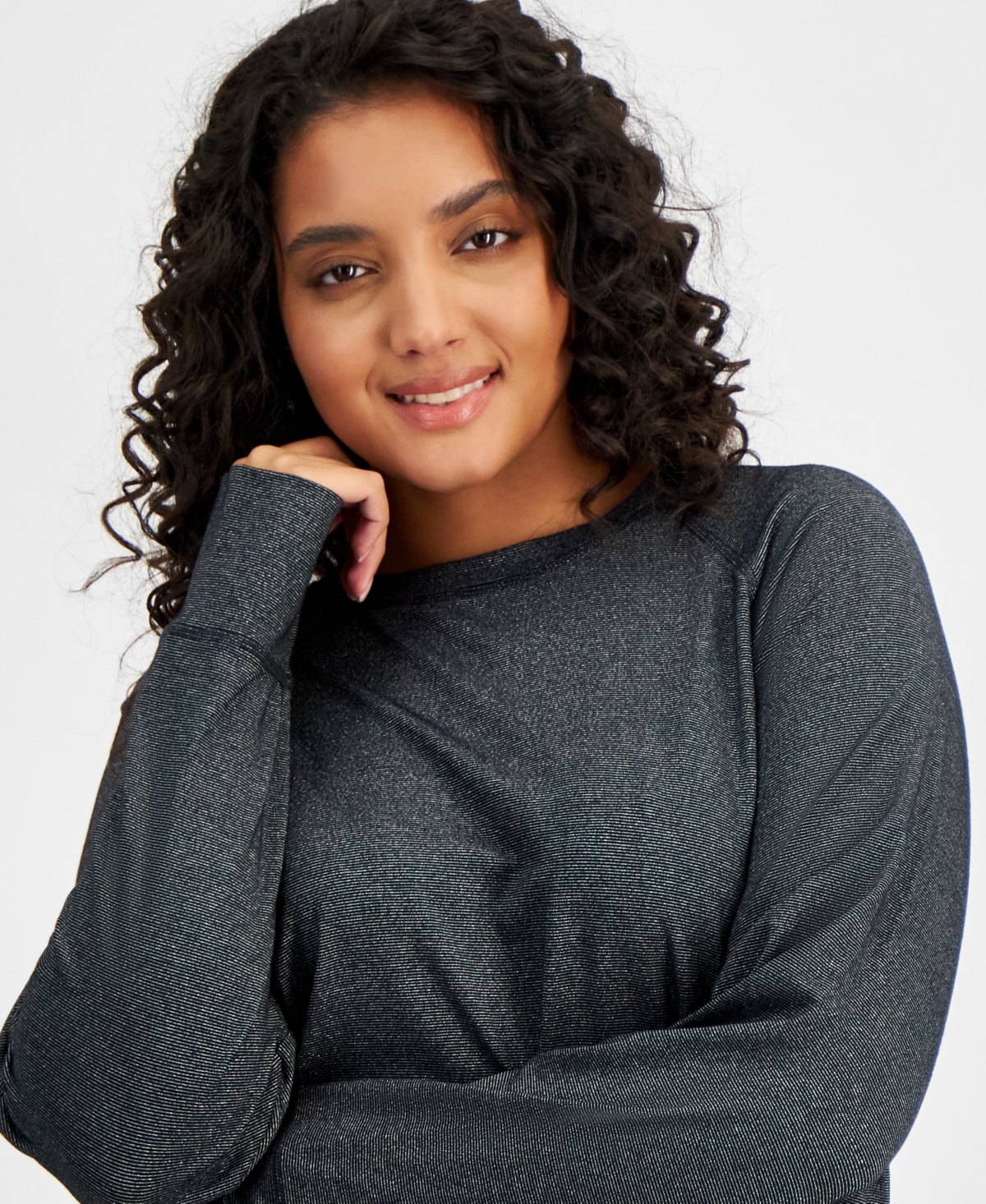 Id Ideology Plus Size Metallic Thumbhole Long-Sleeve Top, Created for Macy's