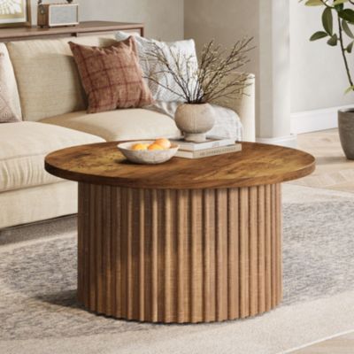 31.5" Round Coffee Table, Farmhouse Circle Coffee Table with Metal Base, Modern Wood Accent Center Table Sofa Side Table for Living Room, Home Office, Wood Grain Veneer Top