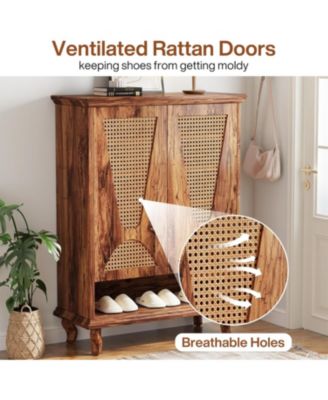 Rattan Shoe Cabinet for Entryway, 5-Tier Large Hidden Shoe Organizer Cabinet with Ventilated Doors, Modern Freestanding 25-Pair Shoe Rack