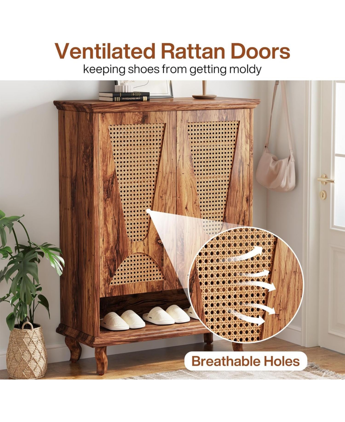 Tribesigns Rattan Shoe Cabinet for Entryway, 5-Tier Hidden Shoe Organizer Cabinet with Ventilated Doors, Modern Freestanding 25-Pair Shoe Rack C