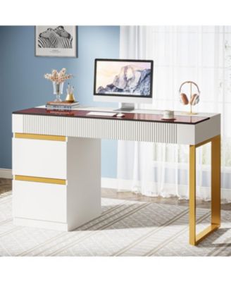 Computer Desk with 4 Drawers, 47 Inch Modern Home Office Desk with Glass Top, White and Gold Writing Workstation Desk with Storage, Makeup Vanity Table for Living Room, Bedroom