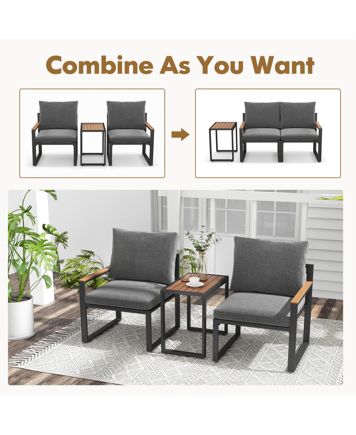 Givimo 3 Pieces Aluminum Frame Weatherproof Outdoor Conversation Set with Soft Cushions-Gray