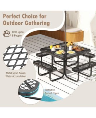 Square Picnic Table and Bench for 8 Person with Seats and Umbrella Hole-Black