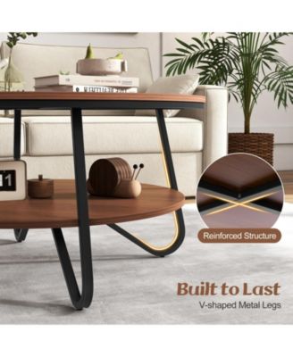 33.5 Inch Round Coffee Table with Wood Grain Finish and Heavy-duty Metal Frame-Walnut