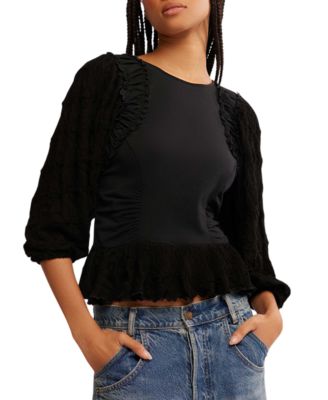 Free People - Women's 3/4-Sleeve Crochet Trim Top