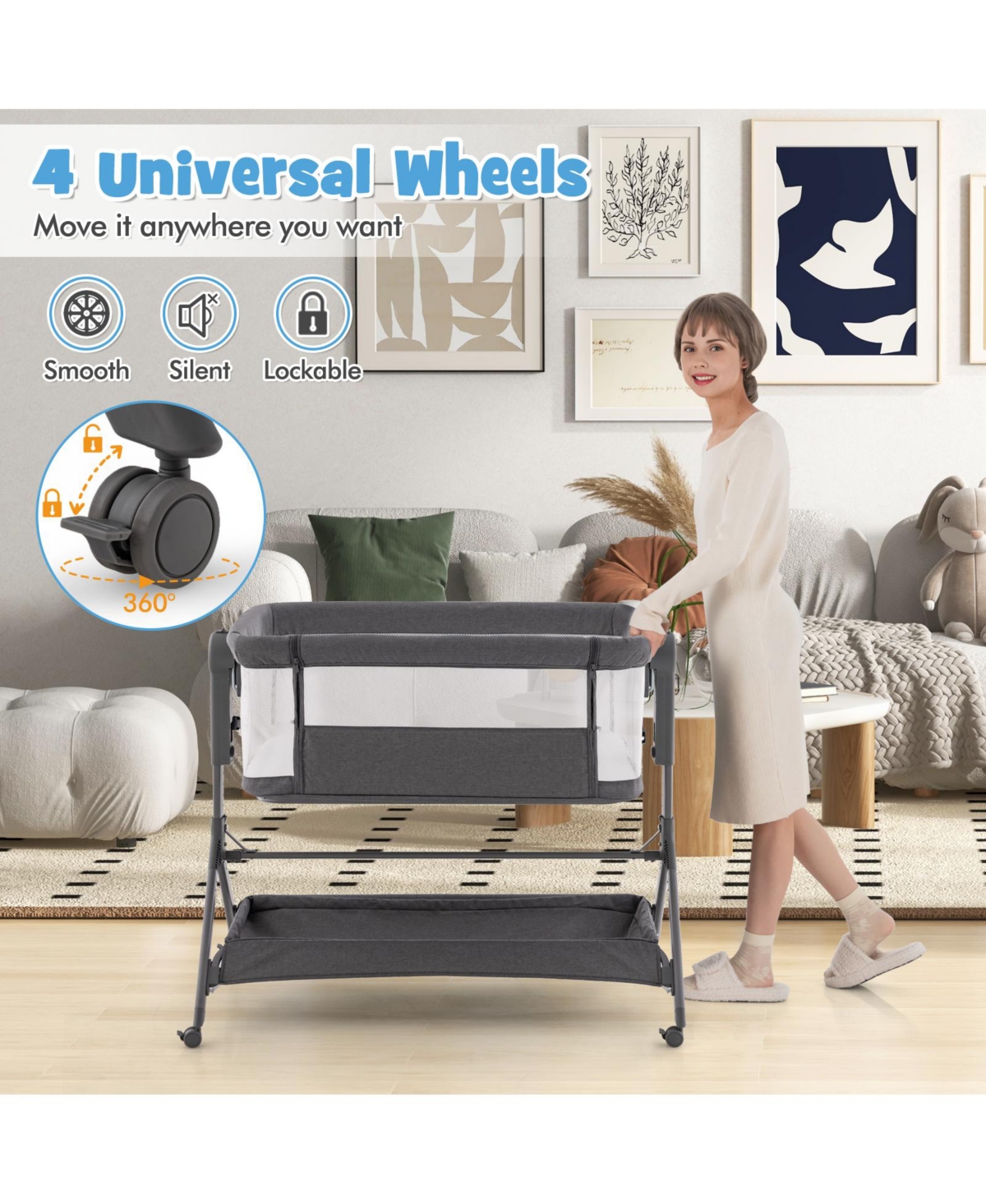 Costway Girls Height Adjustable Bedside Sleeper Baby Crib with Storage Bag