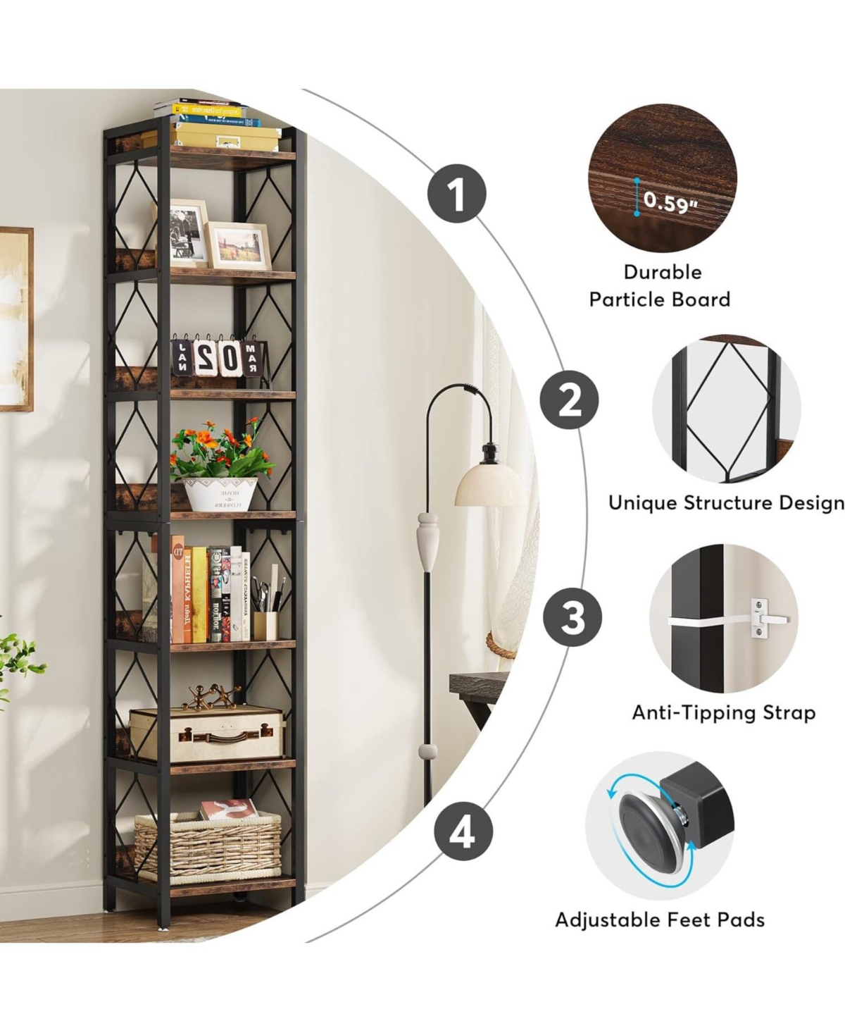 Tribesigns 78.7 Inch Extra Tall Narrow Bookshelf, 7 Tier Skinny Bookcase for Spaces, Freestanding Display Shelves, Multifunctional Corner Storag