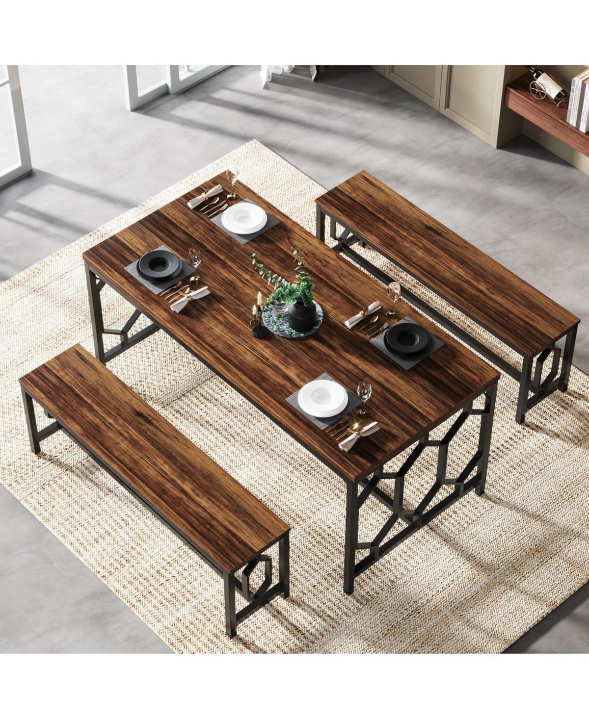 Tribesigns 55-Inch Dining Table Set for 4 to 6, Kitchen Breakfast Table with 2 Benches, Rectangular 3-Piece Wood Modern Industrial Bar Table Fur