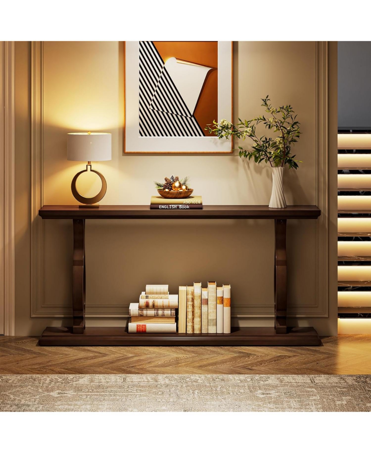 Tribesigns Inches Extra Long Sofa Table Behind Couch, Wood Narrow 2-Tier Entry Console Table with Geometric Shape, Accent Entryway Table Open Stora