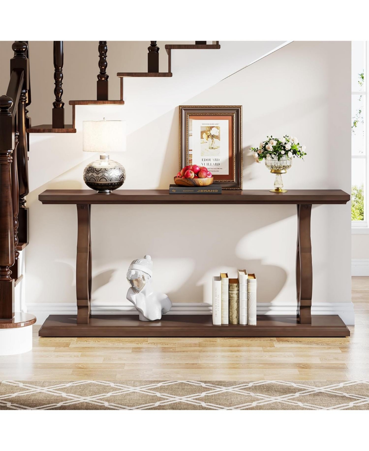 Tribesigns Inches Extra Long Sofa Table Behind Couch, Wood Narrow 2-Tier Entry Console Table with Geometric Shape, Accent Entryway Table Open Stora