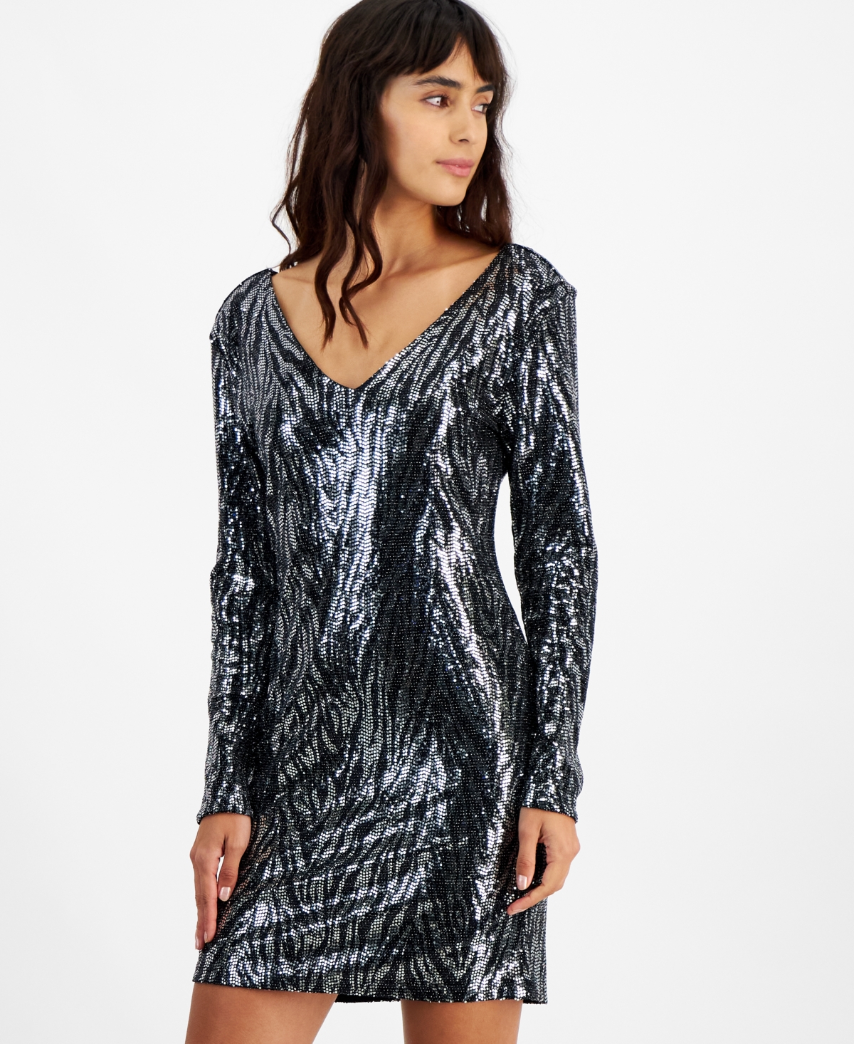 Bar Iii Women's Zebra-Sequin Long-Sleeve Mini Dress, Created for Macy's -slvr Z