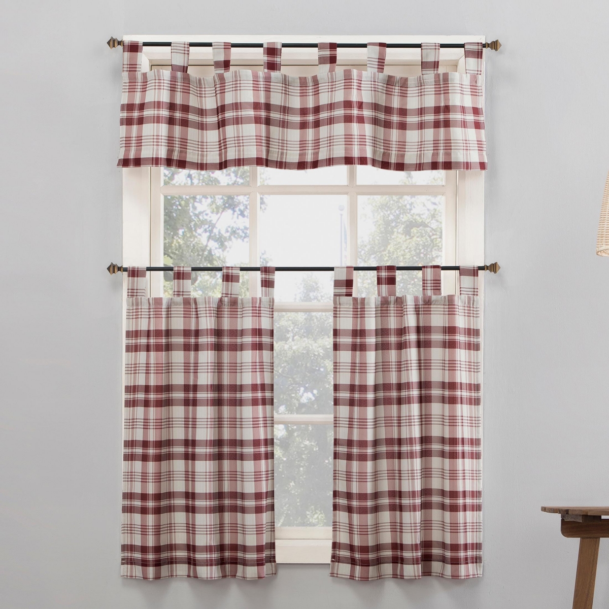 No. 918 Blair Farmhouse Plaid Semi-Sheer Tab Top Kitchen Curtain Valance -ecru
