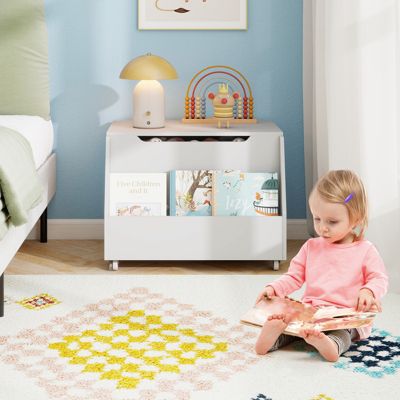 Kids Toy Box Wooden Storage Chest Bench with Bookshelf Wheels Safety Hinge Lid
