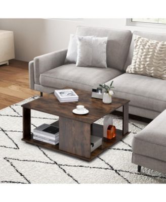 2 Tiers Square Coffee Table with Storage and Non-Slip Foot Pads-Rustic Brown