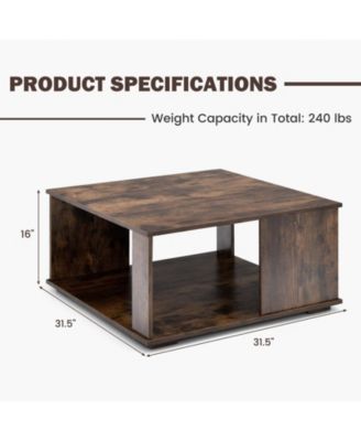 2 Tiers Square Coffee Table with Storage and Non-Slip Foot Pads-Rustic Brown