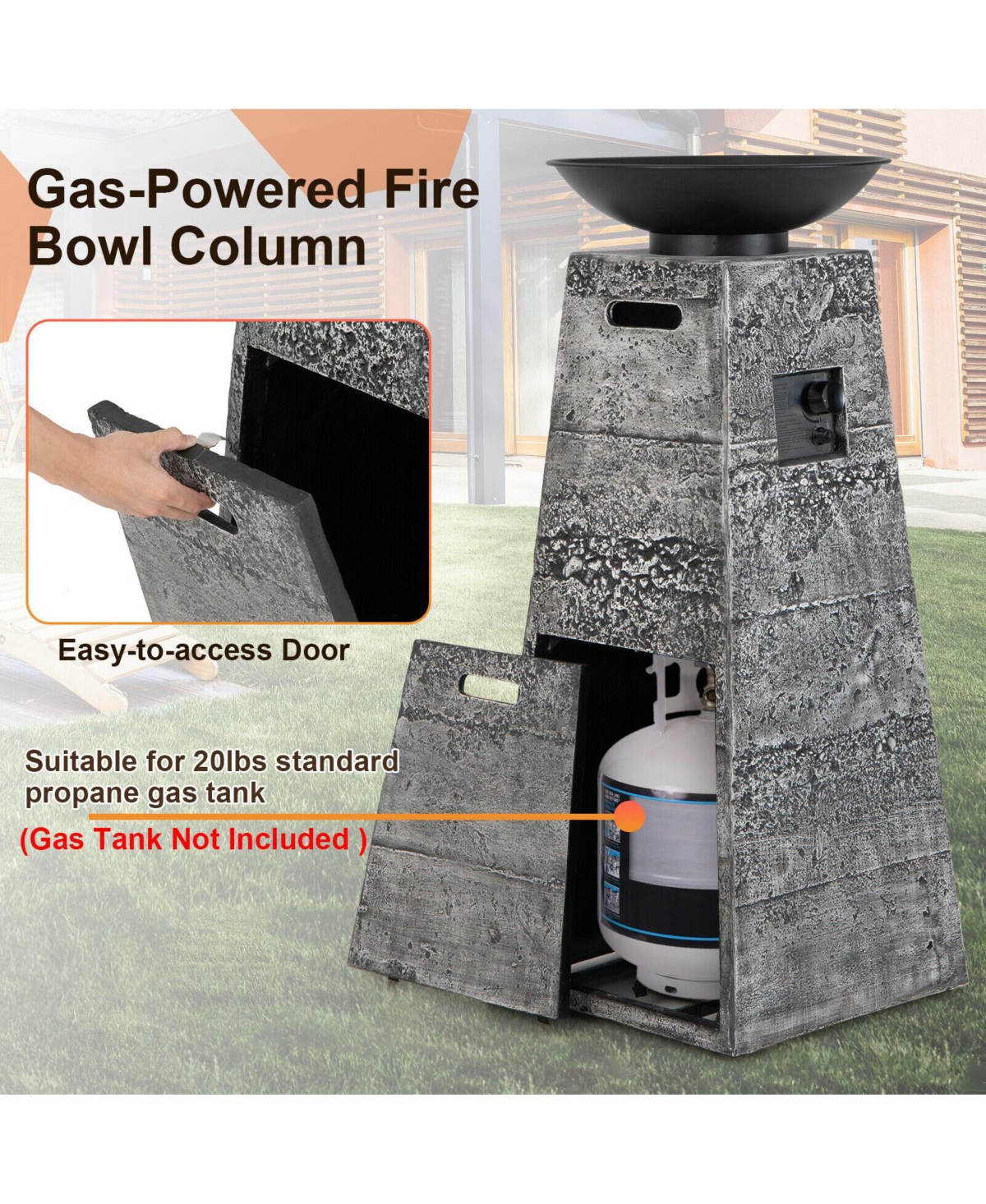 Inolait 48 Inch Propane Fire Bowl Column with Lava Rocks and Pvc Cover-Gray