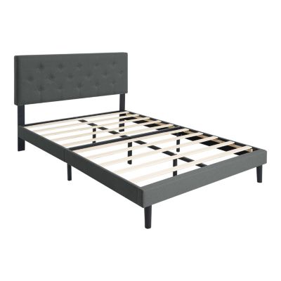 Twin Platform Bed with Button Tufted Headboard and Wood Slats