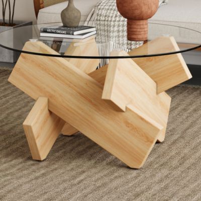 Streamdale Modern Circular Glass Coffee Table with Wood Legs