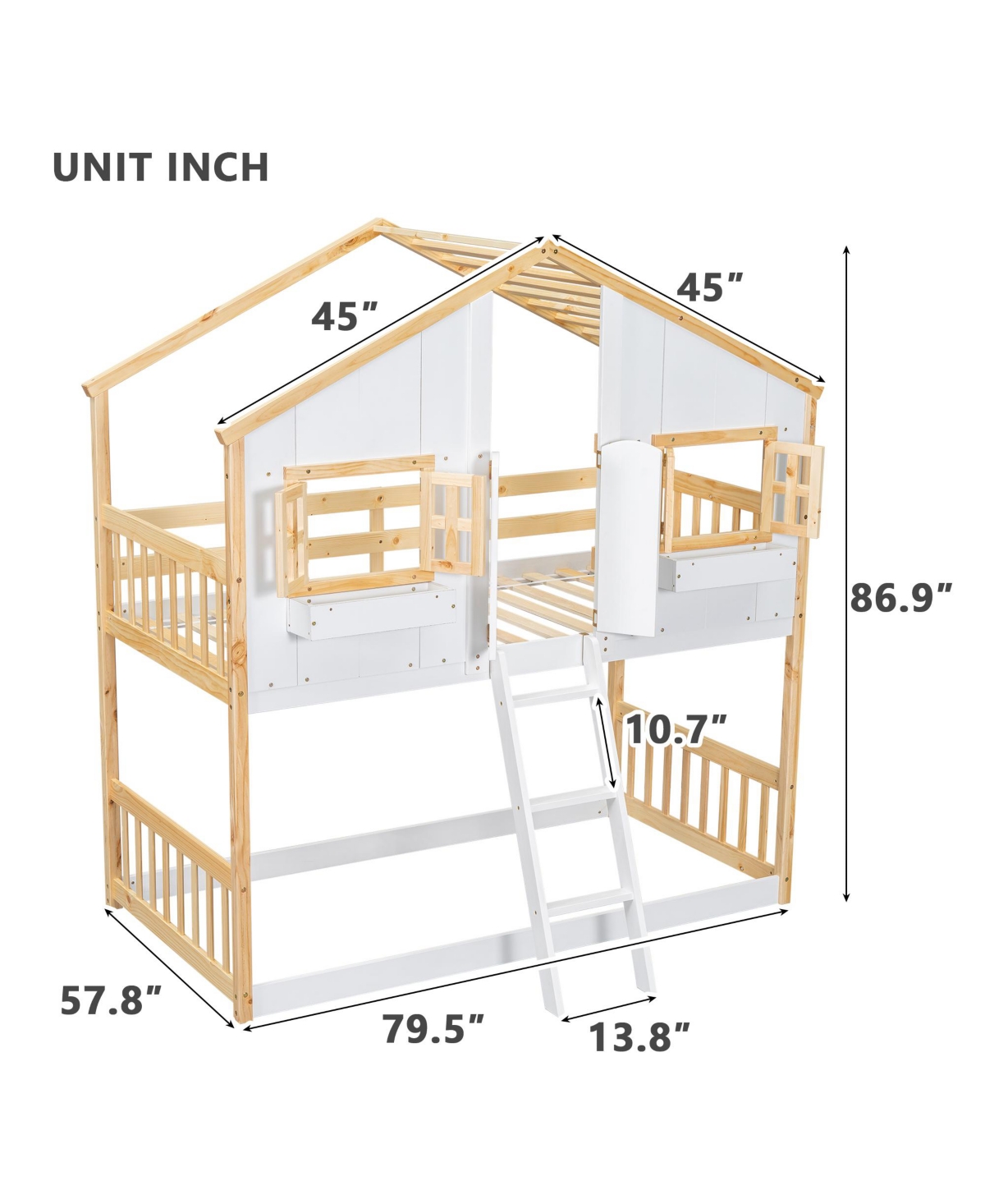 Streamdale Furniture Twin over Twin House Bunk Bed with Roof, Window, Door, Ladder - Natural+white