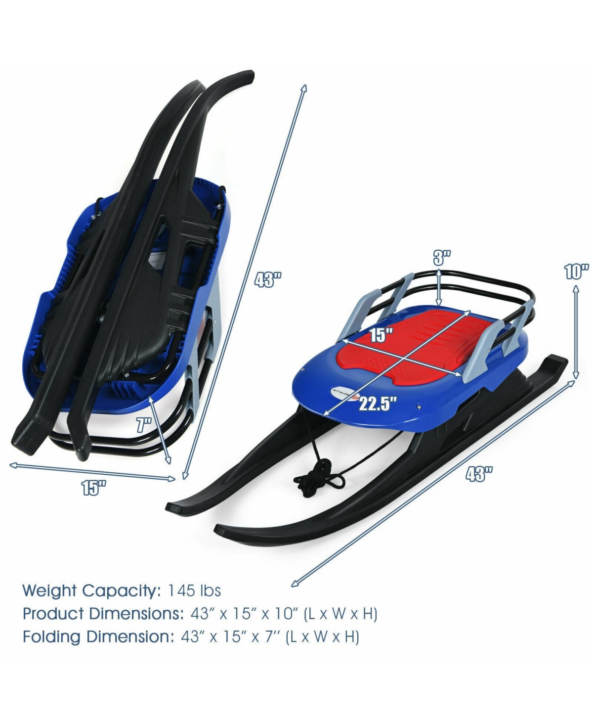 Vebreda Folding Kids' Metal Snow Sled with Pull Rope Snow Slider and Leather Seat