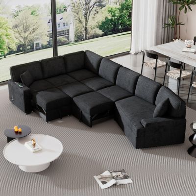 126" Beige L-Shaped Sectional Sofa with Charging and Cup Holders
