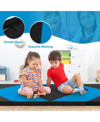 8 Feet PU Leather Folding Gymnastics Mat with Hook and Loop Fasteners-Blue