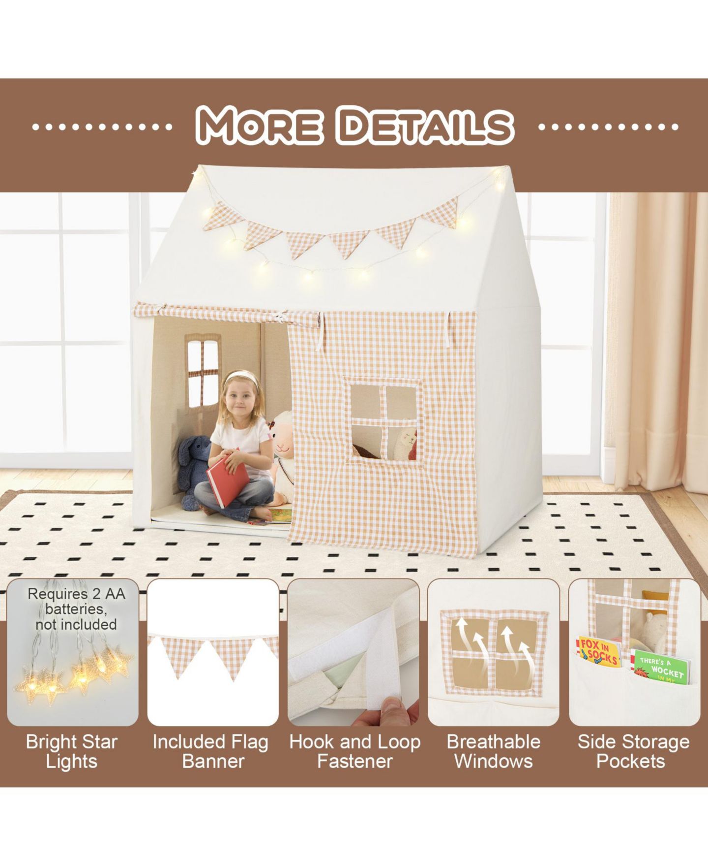 Детские игрушки VEBREDA Crib and Twin Mattress Breathable Windows Play Tent, 2-Piece, Ages 3+, цвет: Бежевый — фото 7