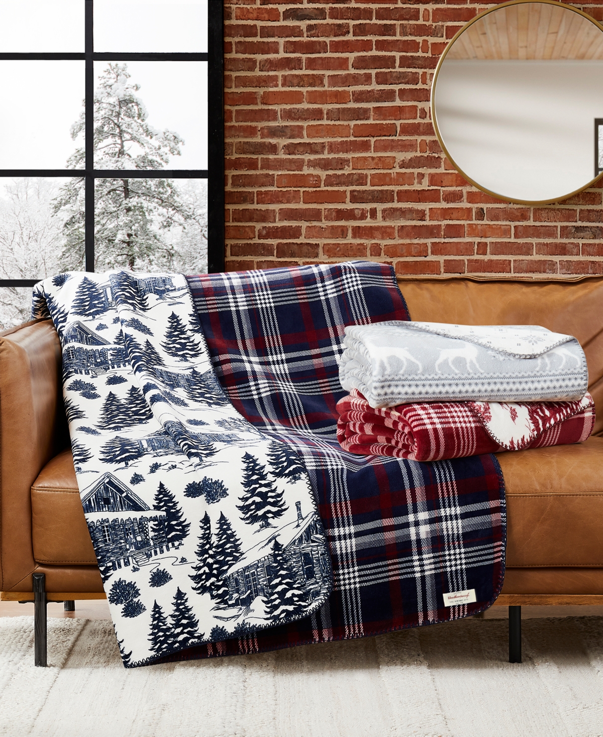 Weatherproof Reversible Plaid Throw, 50" X 70" In Navy