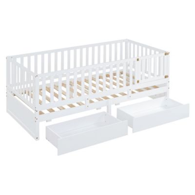 Twin Size Wood Daybed with Guardrails and Drawers